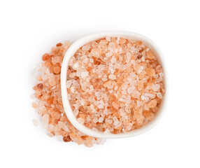 Bowl with pink Himalayan salt on white background