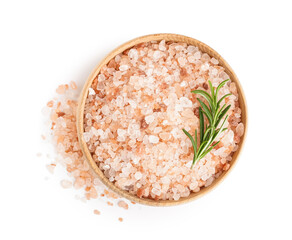 Wooden bowl with Himalayan pink salt and rosemary on white background