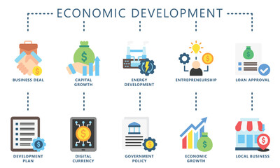 Economic development flat color icons set. contain deal, plan, energy, policy, loan, capital, growth, entrepreneurship and more. Vector EPS 10 for UI or UX kit, web and app, business, finance.