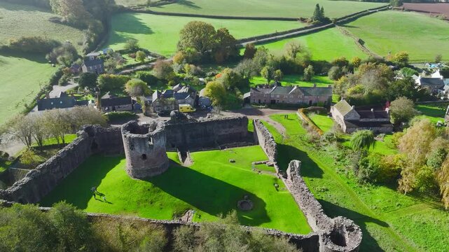 Skenfrith Castle from a drone, Monmouthshire, Wales, England