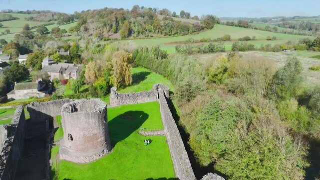 Skenfrith Castle from a drone, Monmouthshire, Wales, England