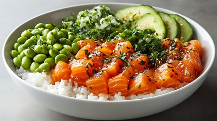 Salmon poke bowl with rice, cucumber, edamame, and avocado slices, served in a minimalist white bowl on a neutral surface, soft lighting creating natural highlights and fresh appeal. --ar 16:9