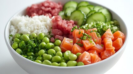 Salmon poke bowl with vibrant ingredients like cucumber, edamame, and rice, arranged on a minimalist white background, soft light illuminating the fresh textures,