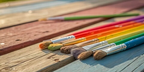 Obraz premium A rainbow of paintbrushes rests upon a weathered, worn wooden surface, a testament to the potential for artistic expression