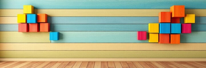 Rainbow colored 3D wooden square cubes creating a vibrant textured wall background, colorful, wall, wooden