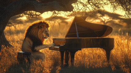 グランドピアノを弾くライオン