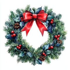 beautiful watercolor Christmas wreath adorned with red ribbon and festive elements