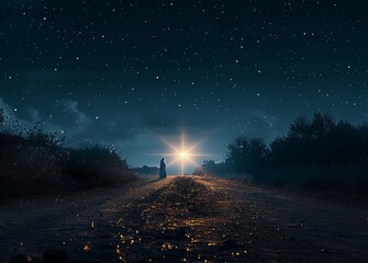 Bright Nativity Star in Night Sky Over Silhouetted Forest and Road at Sunset Celebrating Jesus Christ's Birth