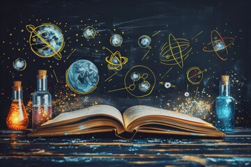 Hand drawn chalkboard vector illustration of open book with colorful science icons for school education template