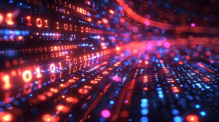 Digital Binary Code Technology Background with Glowing Lines and City Lights
