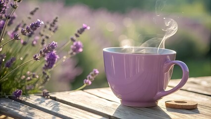 A steaming cup of tea on a wooden table with a blurred background of lavender flowers