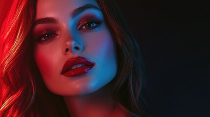 An artistic portrait of a woman adorned with elegant makeup, showcasing bold lips and striking