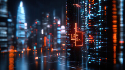 Obraz premium Futuristic cityscape with glowing skyscrapers, digital data streams, and vibrant lights creating high tech atmosphere