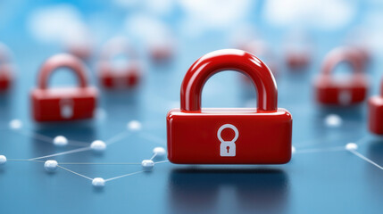 Secure cloud environment with red padlocks symbolizing data protection and AI elements. This conveys sense of safety and innovation in technology