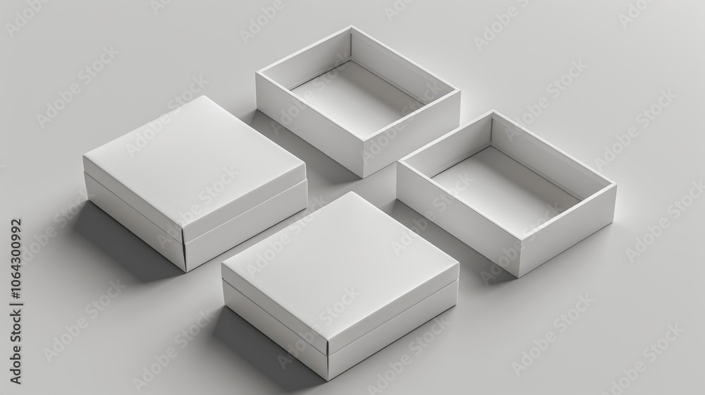 Poster blank white cardboard open and closed rectangle box mockup template top view on grey background 3d r