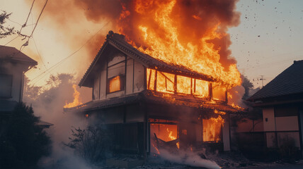 火災に見舞われた日本住宅