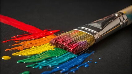 Obraz premium A paintbrush rests on a dark surface, its bristles saturated with vibrant hues of red, orange, yellow, green, and blue, creating a rainbow of color.