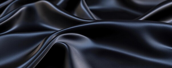 Fototapeta premium Smooth wavy black silk or satin fabric. Luxury concept. Dark elegant material texture. Background with space for design, text, product. Flat lay, top view