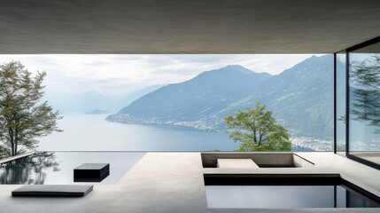 Fototapeta premium Modern Minimalist Interior with Scenic Mountain View