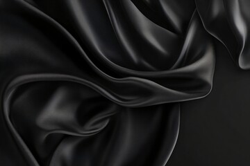 Fototapeta premium Smooth wavy black silk or satin fabric. Luxury concept. Dark elegant material texture. Background with space for design, text, product. Flat lay, top view