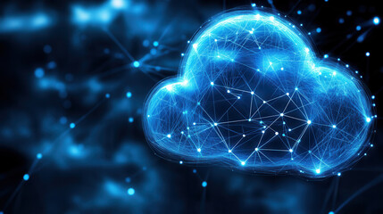 digital illustration of secure public cloud environment, showcasing interconnected nodes and glowing cloud structure. This represents modern technology and data security