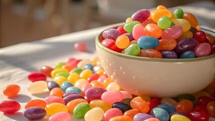 A Bowl Filled with Colorful, Oval-Shaped Candies, Scattered on a White Surface with a Subtle Shadow
