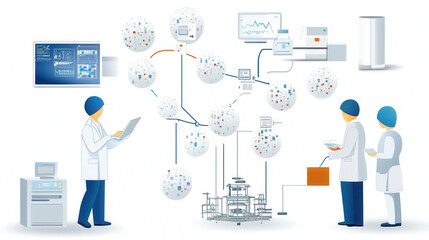 Obraz premium Data lifecycle flowchart illustrating data processing in laboratory setting, showcasing various devices and personnel interacting with data