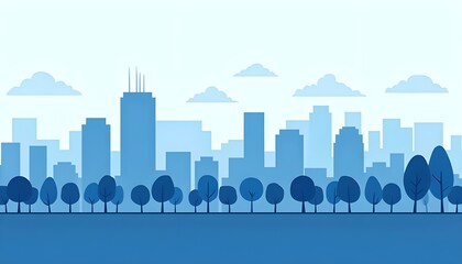 A high-definition image of a monochrome urban landscape with a cloudy sky. The scene features blue city buildings interspersed with trees, rendered in a modern architectural flat style.