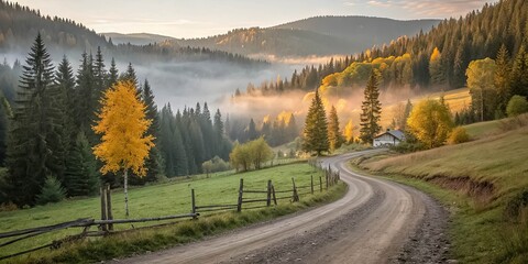 A Winding Gravel Road Through a Misty Forest, with a Golden Tree Standing Tall Near a Rustic Fence