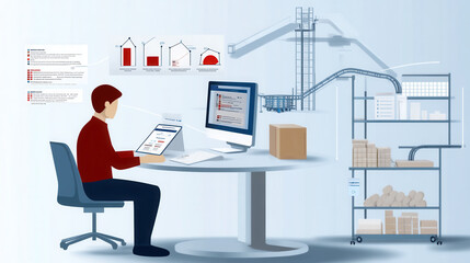 Efficient workspace with man using tablet and computer, analyzing data. background features production line and storage area, showcasing modern technology in professional setting