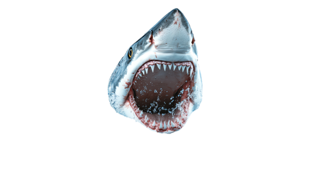 A detailed illustration of a shark's head in a fierce pose, showcasing its sharp teeth and striking features on a white background.