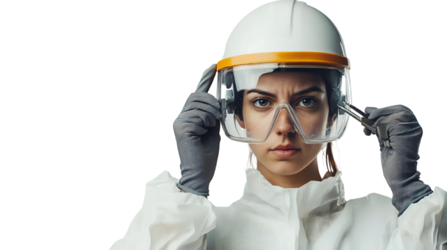 A determined woman wearing protective gear, preparing for work in a hazardous environment, isolated on a white background. - Powered by Adobe