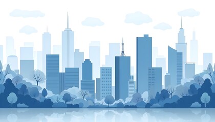Obraz premium A high-definition image of a monochrome urban landscape with a cloudy sky. The scene features blue city buildings interspersed with trees, rendered in a modern architectural flat style.