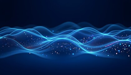 An abstract design featuring glowing wave lines on a dark blue background. The dynamic wave pattern flows gracefully, creating a sense of movement and energy. The modern, futuristic lines shimmer