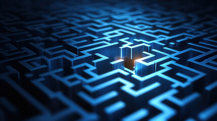 complex blue maze with illuminated pathways creates sense of mystery and intrigue. intricate design invites exploration and problem solving