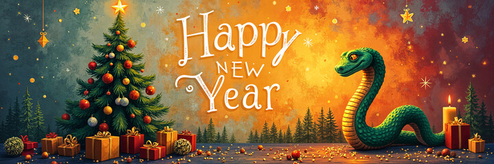 Fototapeta premium Festive holiday greeting card with a Christmas tree, presents, and a snake. It features the text Happy New Year along with other decorative elements.