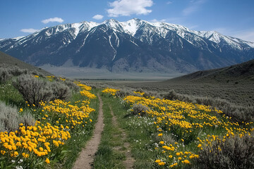 scenic mountain landscape with vibrant yellow flowers and clear sky