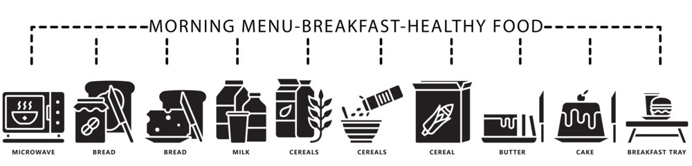 Breakfast, healthy food glyph icon banner. contain bread, milk, cereals, butter, cake, breakfast tray, microwave and more. Vector EPS 10. for print, UI or UX kit, web and app development