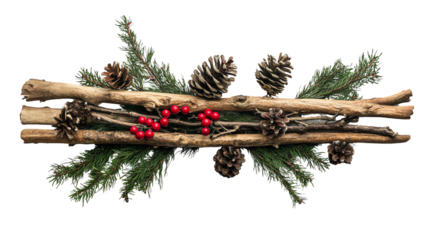 Decorative arrangement of pine cones, branches, and berries on white isolated background.