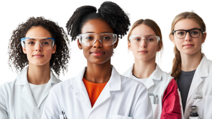 Diverse group of women in lab coats and safety glasses, showcasing teamwork in a scientific environment.