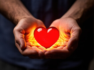 Obraz premium person holds glowing red heart symbolizing love and hope