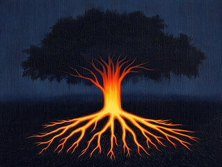vibrant tree with fiery roots symbolizes new beginnings and hope