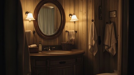 Cozy Bathroom with Wooden Accents and Soft Lighting