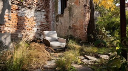 Abandoned Chair in Overgrown Urban Landscape