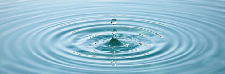 A calm clear water surface with a single drop creating circular waves that radiate outward in all directions, natural beauty, gentle lapping