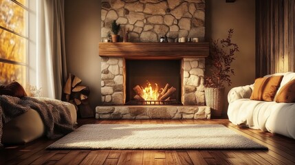 Cozy Living Room with Fireplace and Rustic Decor