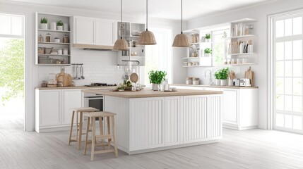 Fototapeta premium Modern White Kitchen with Natural Accents