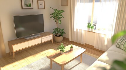 Cozy Living Room with Natural Light and Green Plants