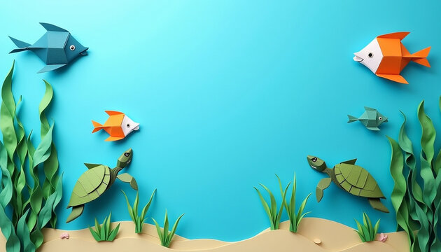 Sea life origami background, folded paper fish, turtles, and seaweed in shades of blue and green, creating an underwater scene with a whimsical touch