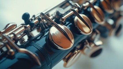 Obraz premium A close-up view of a shiny woodwind instrument showcasing its keys and craftsmanship.